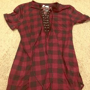 Lace up plaid shirt